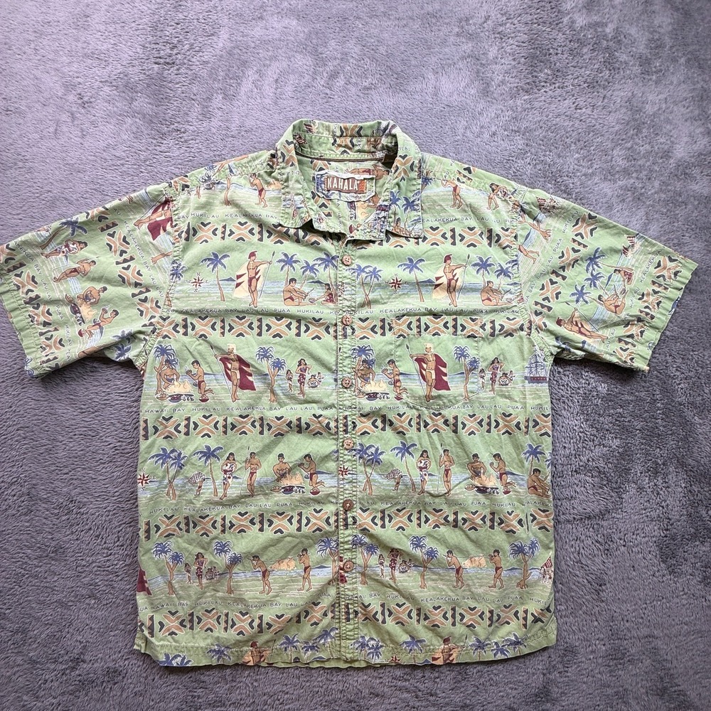 Kahala Hawaiian Luau Shirt Button Up Mens L Green 100% Cotton Short Sleeve